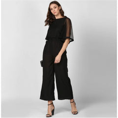 Mayawye Women's Polyester Solid Half Sleeve Jumpsuit (Black)