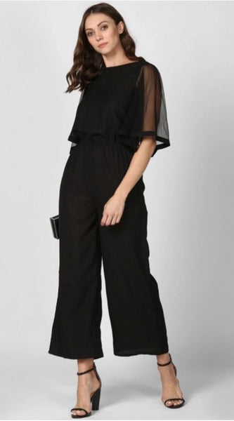 Mayawye Women's Polyester Solid Half Sleeve Jumpsuit (Black)