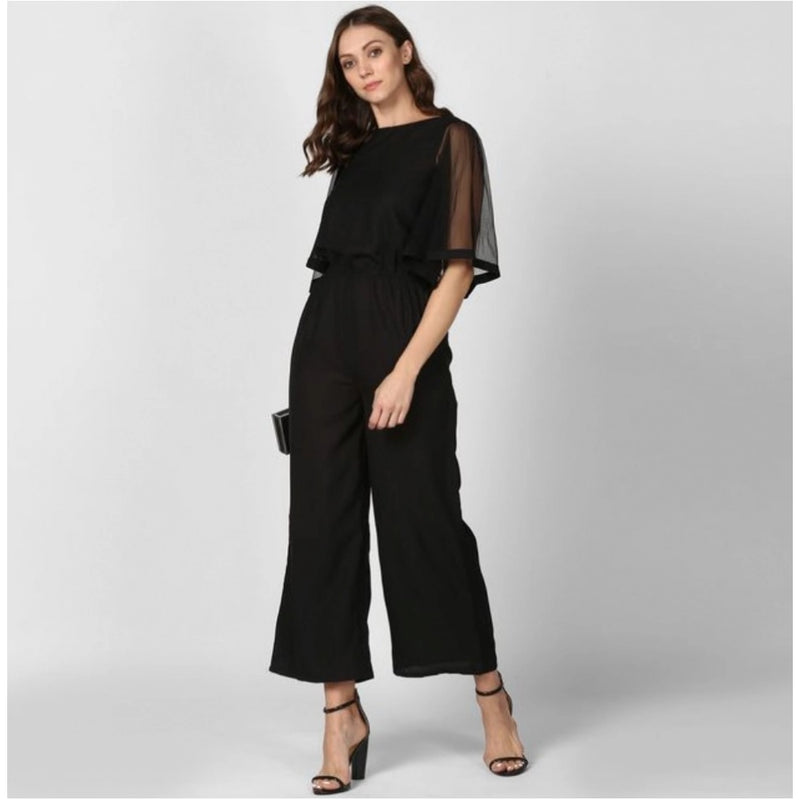 Mayawye Women's Polyester Solid Half Sleeve Jumpsuit (Black)