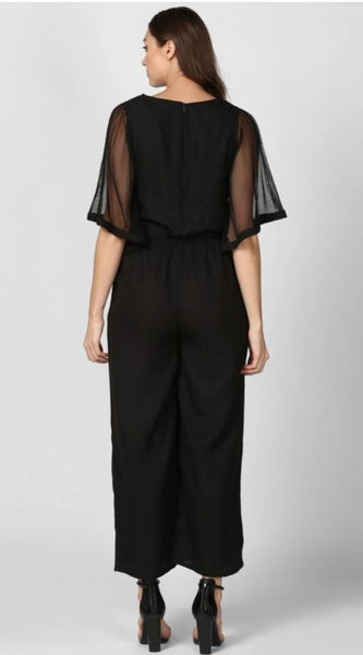 Mayawye Women's Polyester Solid Half Sleeve Jumpsuit (Black)