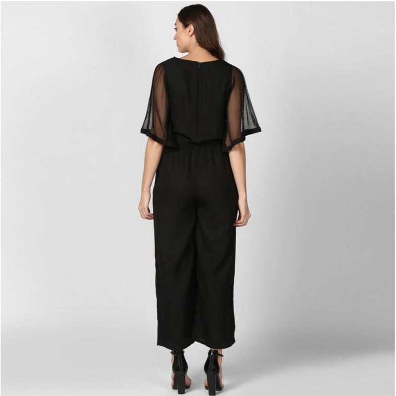 Mayawye Women's Polyester Solid Half Sleeve Jumpsuit (Black)