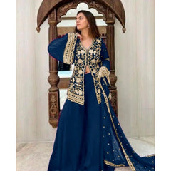 Mayawye Women's Georgette Embroidery 3-4th Sleeve V-Neck Kurti, Palazzo And Dupatta Set (Morpich)