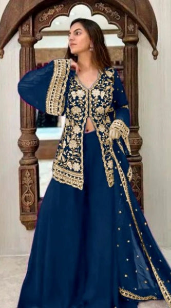 Mayawye Women's Georgette Embroidery 3-4th Sleeve V-Neck Kurti, Palazzo And Dupatta Set (Morpich)