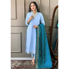 Mayawye Women's Roman Silk Embroidery 3-4th Sleeve V-Neck Kurti With Pant Dupatta Set (Rama)
