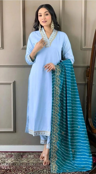 Mayawye Women's Roman Silk Embroidery 3-4th Sleeve V-Neck Kurti With Pant Dupatta Set (Rama)