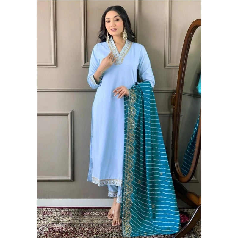 Mayawye Women's Roman Silk Embroidery 3-4th Sleeve V-Neck Kurti With Pant Dupatta Set (Rama)
