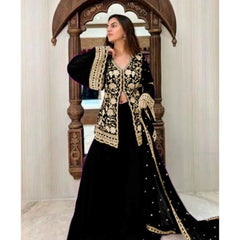 Mayawye Women's Georgette Embroidery 3-4th Sleeve V-Neck Kurti, Palazzo And Dupatta Set (Black)
