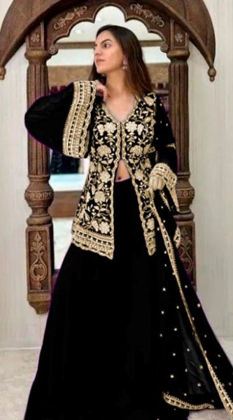 Mayawye Women's Georgette Embroidery 3-4th Sleeve V-Neck Kurti, Palazzo And Dupatta Set (Black)