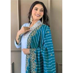 Mayawye Women's Roman Silk Embroidery 3-4th Sleeve V-Neck Kurti With Pant Dupatta Set (Rama)
