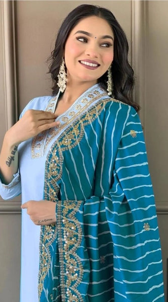 Mayawye Women's Roman Silk Embroidery 3-4th Sleeve V-Neck Kurti With Pant Dupatta Set (Rama)