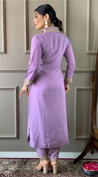 Mayawye Women's Roman Silk Embroidery 3-4th Sleeve V-Neck Kurti With Pant Dupatta Set (Lavender)