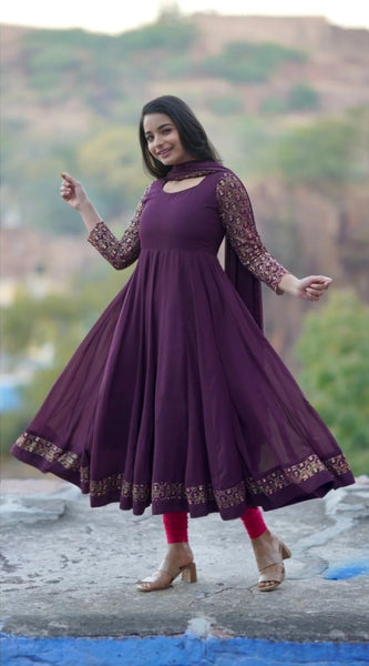 Mayawye Women's Georgette Embroidery 3-4th Sleeve Round Neck Kurti with Dupatta Set (Wine)