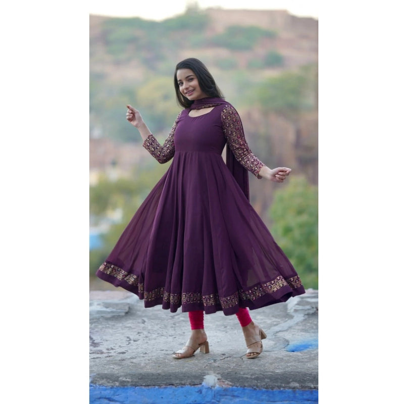 Mayawye Women's Georgette Embroidery 3-4th Sleeve Round Neck Kurti with Dupatta Set (Wine)