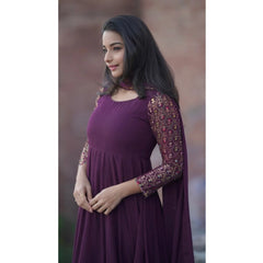 Mayawye Women's Georgette Embroidery 3-4th Sleeve Round Neck Kurti with Dupatta Set (Wine)