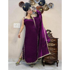 Mayawye Women's Georgette Embroidery Sleeveless Round Neck Kurti, Palazzo And Dupatta Set (Wine)