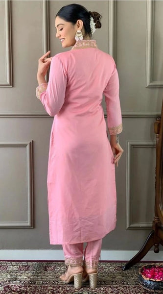 Mayawye Women's Roman Silk Embroidery 3-4th Sleeve V-Neck Kurti With Pant Dupatta Set (Pink)
