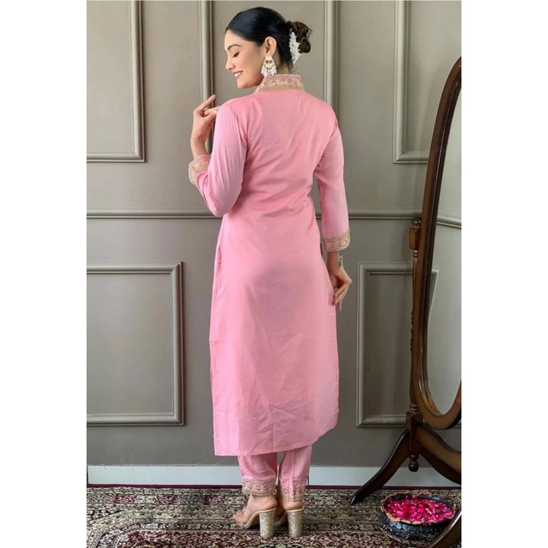 Mayawye Women's Roman Silk Embroidery 3-4th Sleeve V-Neck Kurti With Pant Dupatta Set (Pink)