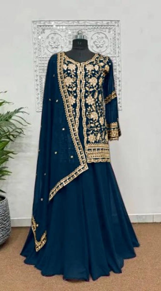 Mayawye Women's Georgette Embroidery 3-4th Sleeve V-Neck Kurti, Palazzo And Dupatta Set (Morpich)