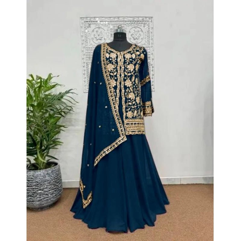 Mayawye Women's Georgette Embroidery 3-4th Sleeve V-Neck Kurti, Palazzo And Dupatta Set (Morpich)
