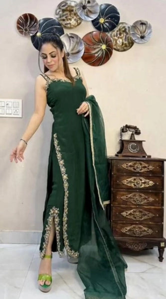 Mayawye Women's Georgette Embroidery Sleeveless Round Neck Kurti, Palazzo And Dupatta Set (Green)
