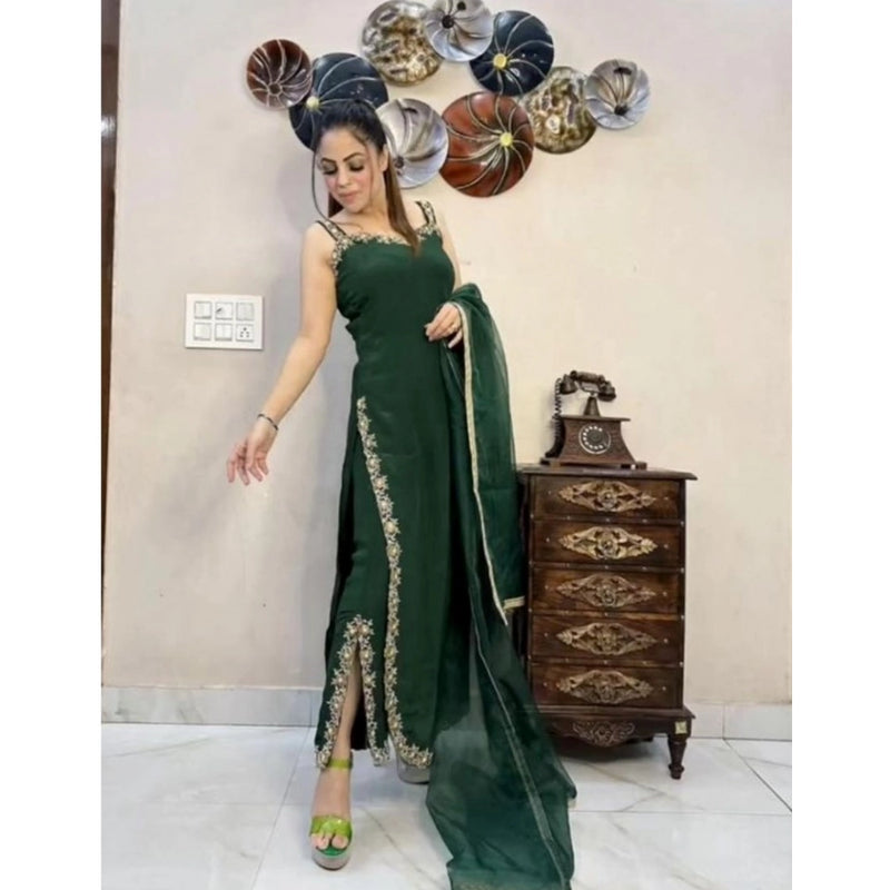 Mayawye Women's Georgette Embroidery Sleeveless Round Neck Kurti, Palazzo And Dupatta Set (Green)