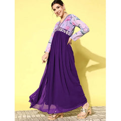 Mayawye Women's Georgette Embroidery 3-4th Sleeve V-Neck Kurti (Purple)