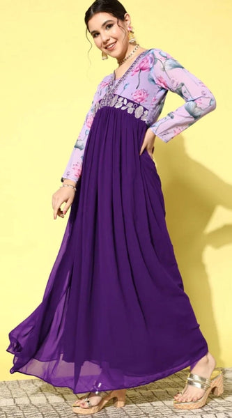 Mayawye Women's Georgette Embroidery 3-4th Sleeve V-Neck Kurti (Purple)
