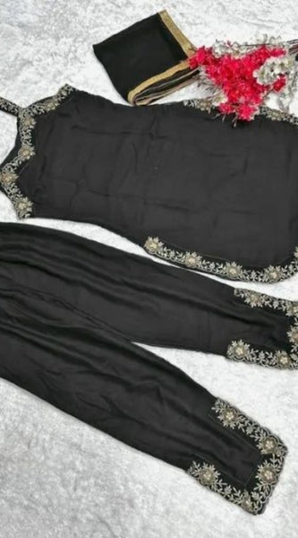 Mayawye Women's Georgette Embroidery Sleeveless Round Neck Kurti, Palazzo And Dupatta Set (Black)