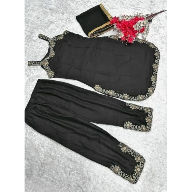 Mayawye Women's Georgette Embroidery Sleeveless Round Neck Kurti, Palazzo And Dupatta Set (Black)