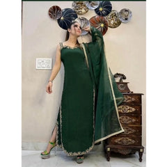 Mayawye Women's Georgette Embroidery Sleeveless Round Neck Kurti, Palazzo And Dupatta Set (Green)
