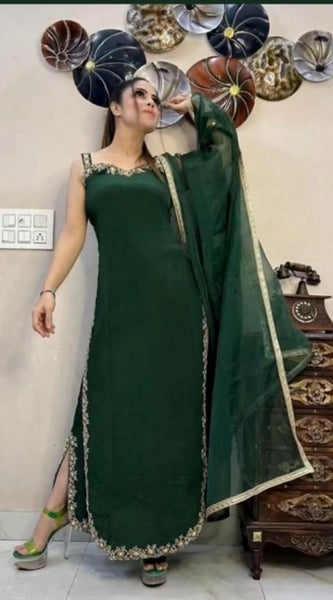 Mayawye Women's Georgette Embroidery Sleeveless Round Neck Kurti, Palazzo And Dupatta Set (Green)