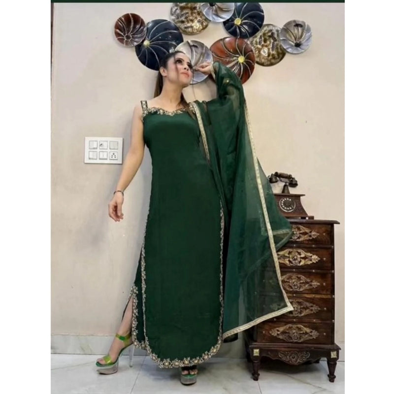 Mayawye Women's Georgette Embroidery Sleeveless Round Neck Kurti, Palazzo And Dupatta Set (Green)