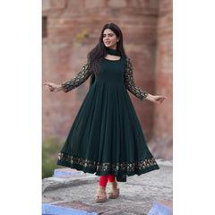 Mayawye Women's Georgette Embroidery 3-4th Sleeve Round Neck Kurti with Dupatta Set (Green)