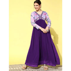 Mayawye Women's Georgette Embroidery 3-4th Sleeve V-Neck Kurti (Purple)
