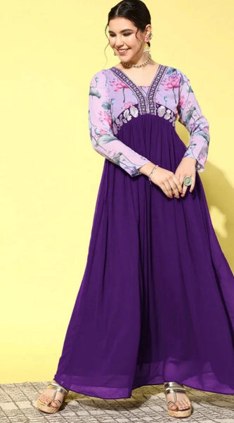 Mayawye Women's Georgette Embroidery 3-4th Sleeve V-Neck Kurti (Purple)