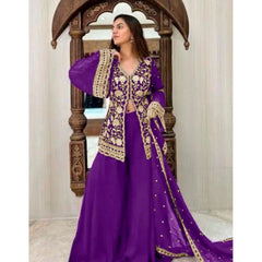 Mayawye Women's Georgette Embroidery 3-4th Sleeve V-Neck Kurti, Palazzo And Dupatta Set (Purple)