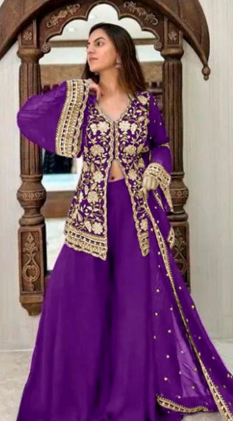 Mayawye Women's Georgette Embroidery 3-4th Sleeve V-Neck Kurti, Palazzo And Dupatta Set (Purple)