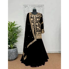 Mayawye Women's Georgette Embroidery 3-4th Sleeve V-Neck Kurti, Palazzo And Dupatta Set (Black)