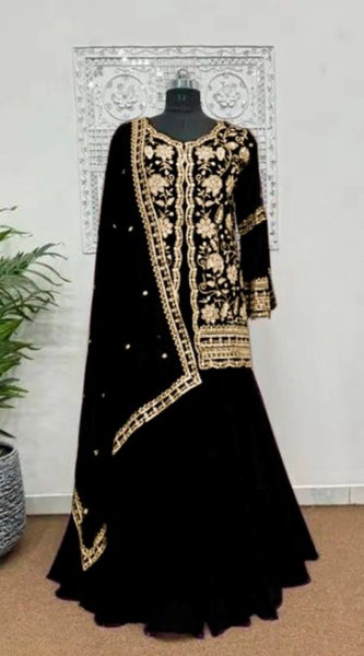 Mayawye Women's Georgette Embroidery 3-4th Sleeve V-Neck Kurti, Palazzo And Dupatta Set (Black)
