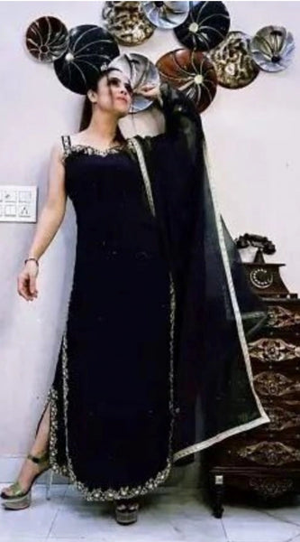 Mayawye Women's Georgette Embroidery Sleeveless Round Neck Kurti, Palazzo And Dupatta Set (Black)