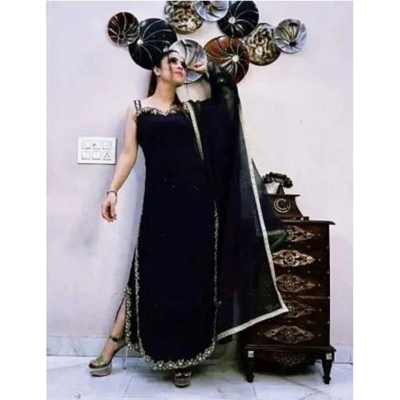 Mayawye Women's Georgette Embroidery Sleeveless Round Neck Kurti, Palazzo And Dupatta Set (Black)