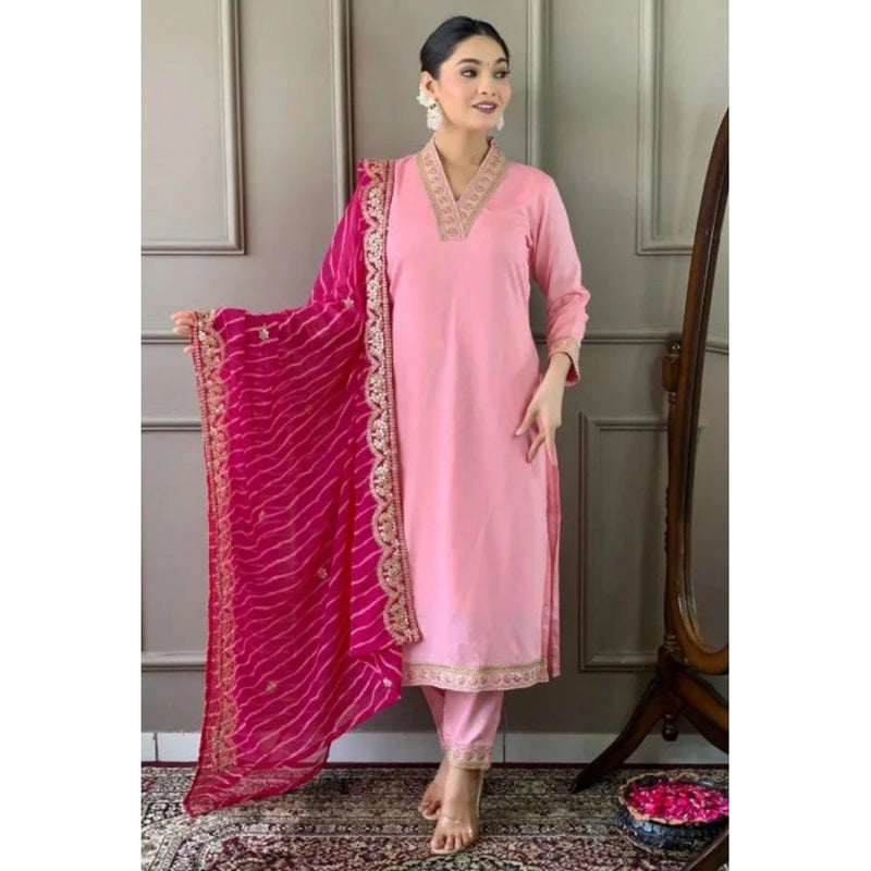 Mayawye Women's Roman Silk Embroidery 3-4th Sleeve V-Neck Kurti With Pant Dupatta Set (Pink)