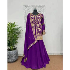 Mayawye Women's Georgette Embroidery 3-4th Sleeve V-Neck Kurti, Palazzo And Dupatta Set (Purple)
