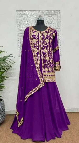 Mayawye Women's Georgette Embroidery 3-4th Sleeve V-Neck Kurti, Palazzo And Dupatta Set (Purple)