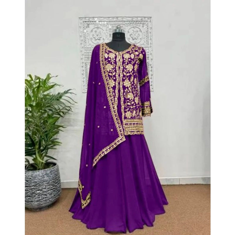 Mayawye Women's Georgette Embroidery 3-4th Sleeve V-Neck Kurti, Palazzo And Dupatta Set (Purple)
