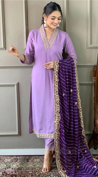 Mayawye Women's Roman Silk Embroidery 3-4th Sleeve V-Neck Kurti With Pant Dupatta Set (Lavender)