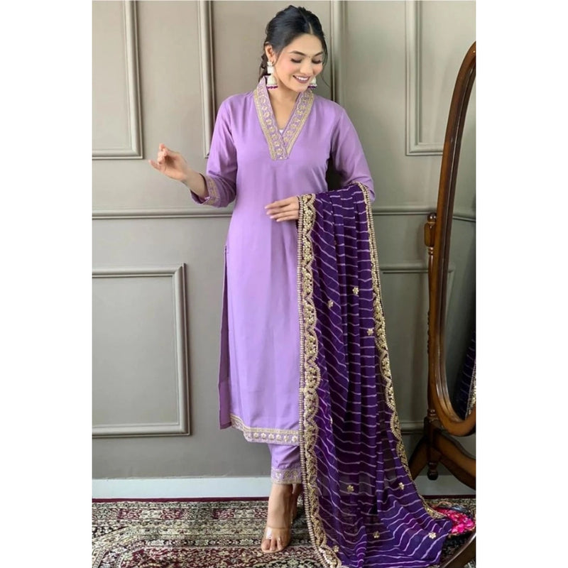 Mayawye Women's Roman Silk Embroidery 3-4th Sleeve V-Neck Kurti With Pant Dupatta Set (Lavender)