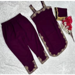 Mayawye Women's Georgette Embroidery Sleeveless Round Neck Kurti, Palazzo And Dupatta Set (Wine)