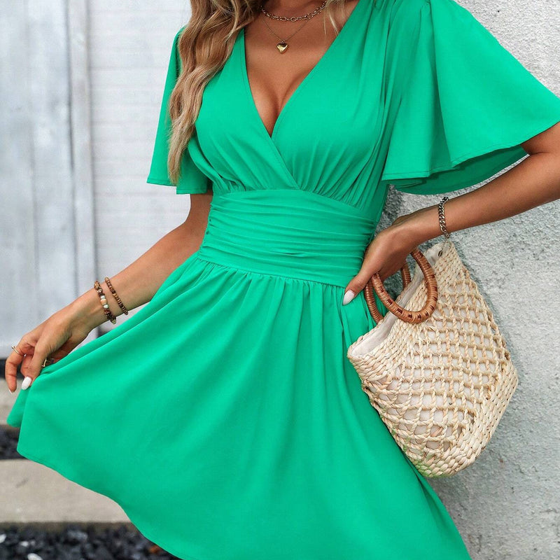 LUNE Plunging Neck Butterfly Sleeve Ruched Waist Dress