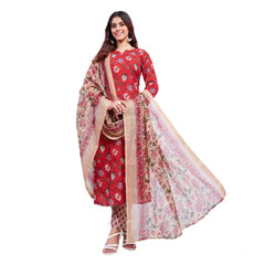 Mayawye Women's Cotton Blend Printed Kurti With Pant Dupatta Set (Red)